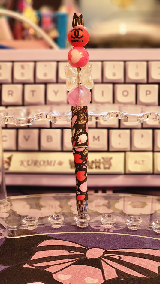 Beaded Wonderland-Beaded Pens Pinky Bows & Hearts in Chanel